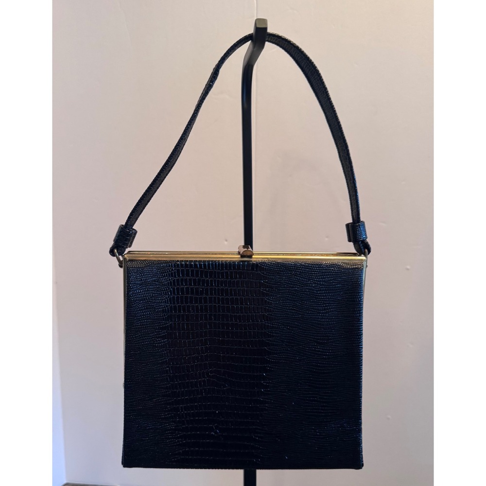 After Five Evening Bag Black Lizard Embossed Floral Gold Trim Vintage Formal